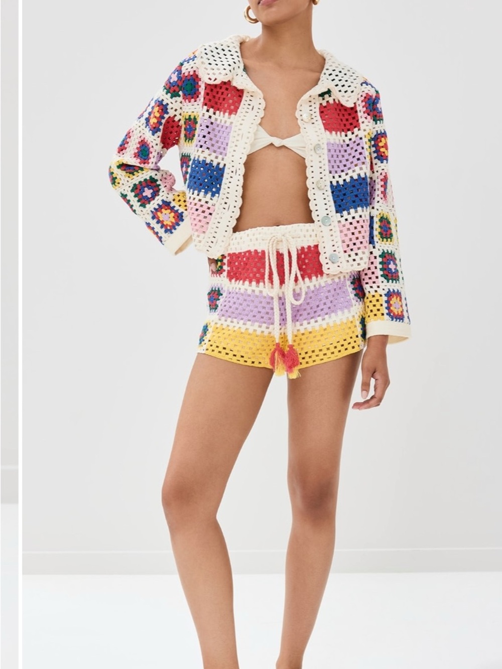 Farm Rio Crochet Striped Sweater and  Drawstring Shorts  Set Size M- Multicolor